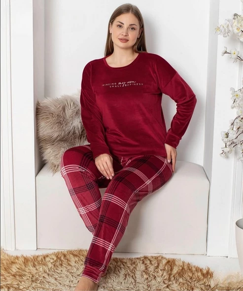Pijamoni Kadın Kadife Büyük Beden Bisiklet Yaka Uzun Kol Pijama Takımı 4230/6- 1 Adet  Bordo 3XL