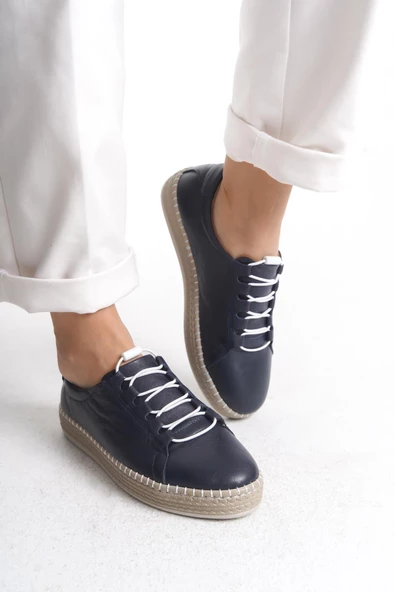 Kadın Hakiki Deri Hasır Görünümlü Rahat Taban Bağcıklı Günlük Spor Ayakkabı Sneaker - 11