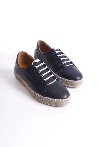 Kadın Hakiki Deri Hasır Görünümlü Rahat Taban Bağcıklı Günlük Spor Ayakkabı Sneaker - 4