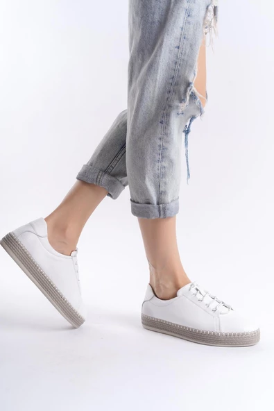 Kadın Hakiki Deri Hasır Görünümlü Rahat Taban Bağcıklı Günlük Spor Ayakkabı Sneaker - 6