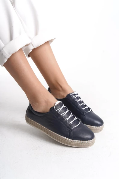 Kadın Hakiki Deri Hasır Görünümlü Rahat Taban Bağcıklı Günlük Spor Ayakkabı Sneaker - 9