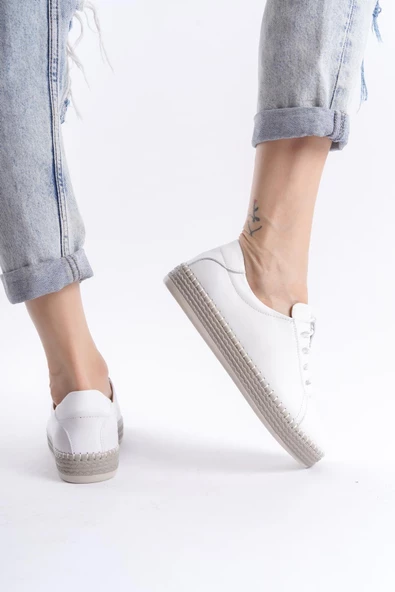 Kadın Hakiki Deri Hasır Görünümlü Rahat Taban Bağcıklı Günlük Spor Ayakkabı Sneaker - 7