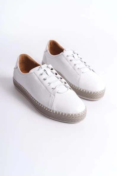 Kadın Hakiki Deri Hasır Görünümlü Rahat Taban Bağcıklı Günlük Spor Ayakkabı Sneaker - 8