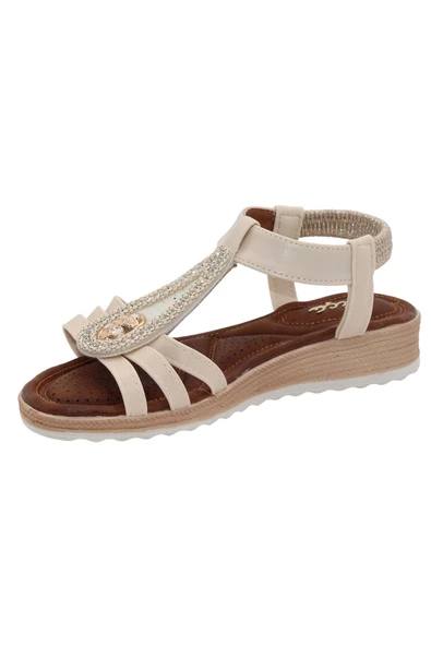 Mergenshoes Akç A25 Bej Günlük Taşlı Kadın Sandalet Ayakkabı - 2