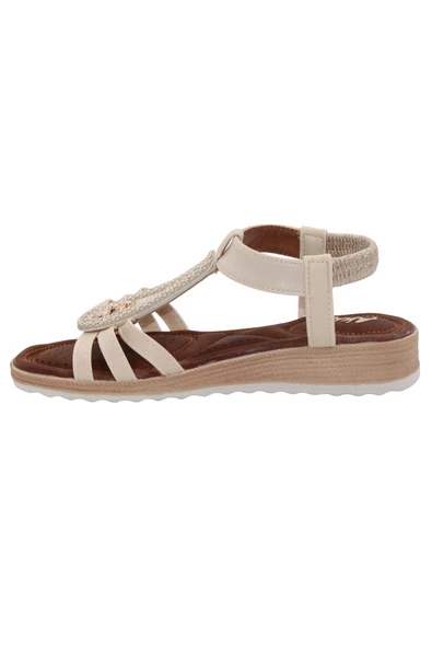 Mergenshoes Akç A25 Bej Günlük Taşlı Kadın Sandalet Ayakkabı - 4