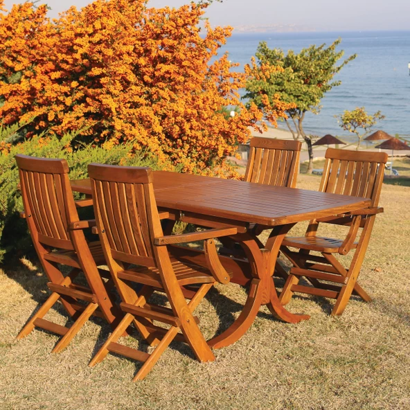Muğla Side Ahşap Bahçe Takımı: 80x180 Uzayan Masa + 4 Katlanır Sandalye