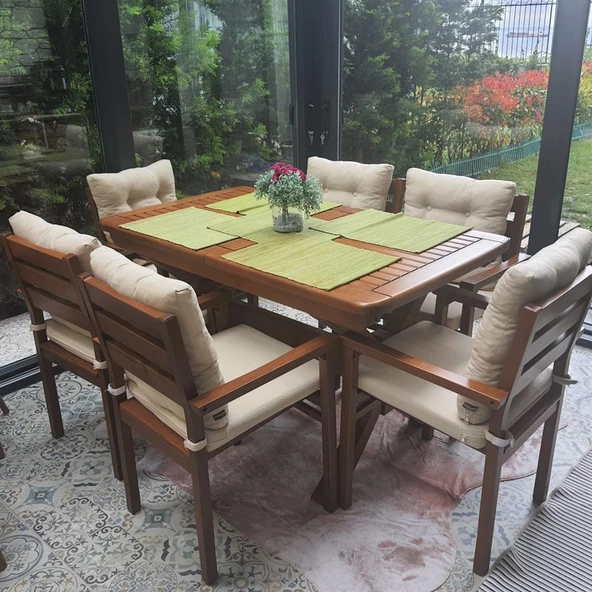 Manavgat Didim Ahşap Bahçe Balkon Seti: 90x230 Masa + 6 Sandalye