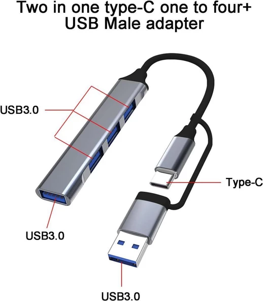 PrimeX PX-TYP060 4 Port Type-C USB3.0 Çoklayıcı, 4 Port Type C USB Çoklayıcı, Type C + USB3.0 Çoklayıcı - 4