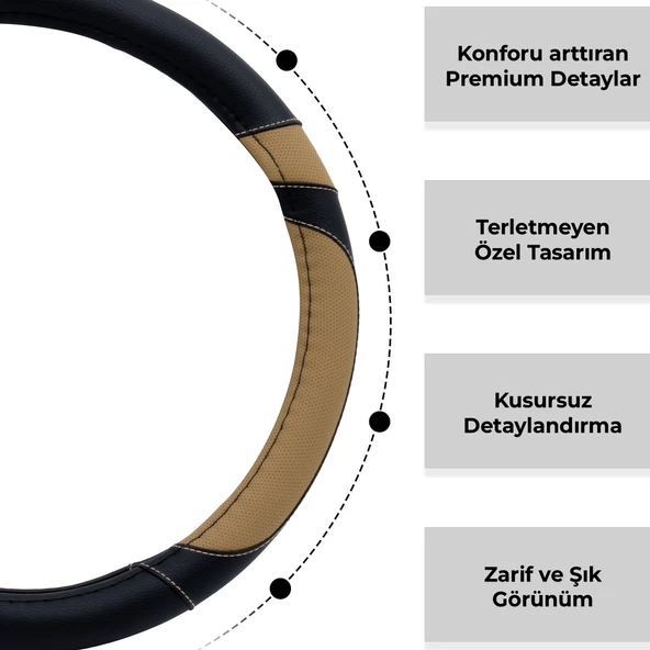 Oto Geçme Direksiyon Kılıfı Desenli Bej Detaylı Suni Deri Siyah Renk TEQ-013BK/BE - 2