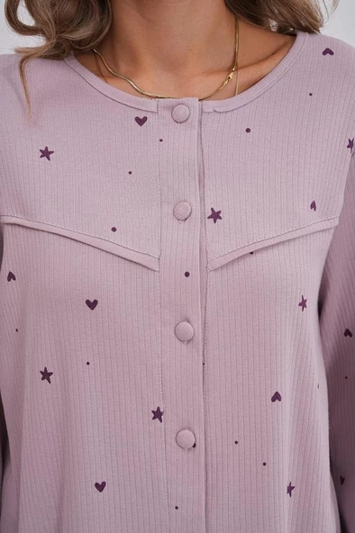 Mecit 6151 Bayan Lila Boydan Düğmeli Büyük Beden Pijama Takımı - Resim 4