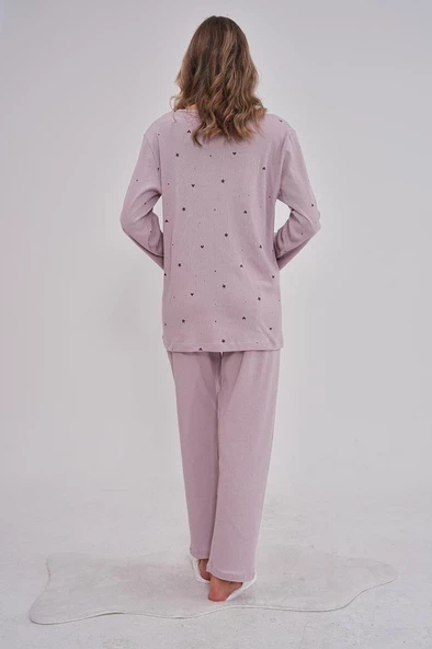 Mecit 6151 Bayan Lila Boydan Düğmeli Büyük Beden Pijama Takımı - Resim 3