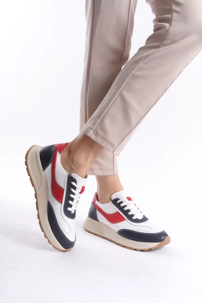 Kadın Hakiki Deri Kalın Taban Bağcıklı Çok Renkli Günlük Spor Ayakkabı Sneaker - 2