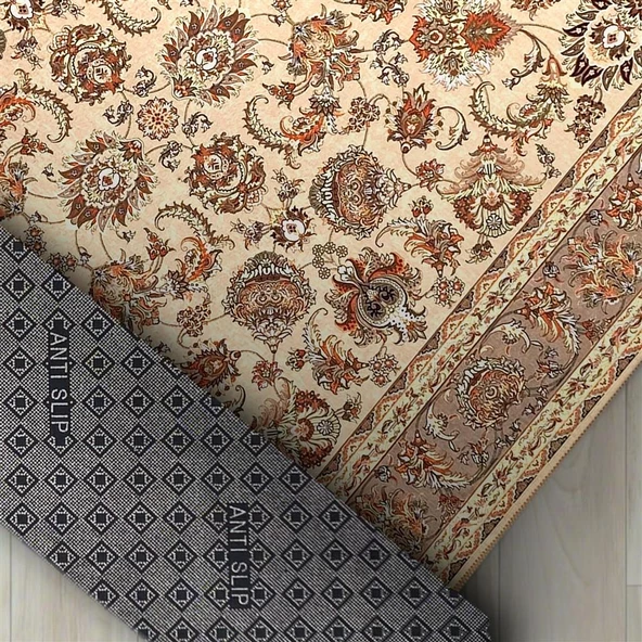 Klasik İran Tarzı Barok desenli Bej Krem Halı Kaymaz Taban Makinada Yıkanabilir - 2