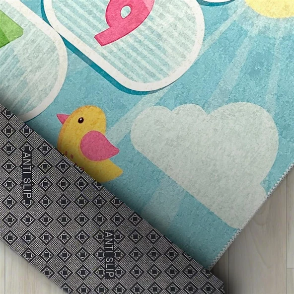 Çocuk Bebek oyun Halısı Seksek Yeşil Mavi Halı Yıkanabilir Kaymaz - 3