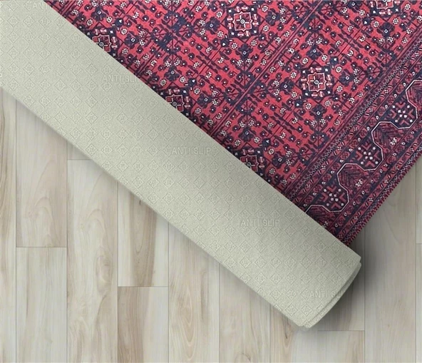 Modern Klasik Afgan desenli Kırmızı Siyah Halı Kaymaz Taban Makinada Yıkanabilir - 2
