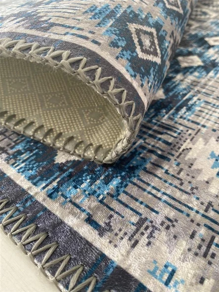Modern İskandinav Kilim desenli Salon Mutfak Oda Halısı Mavi Gri Halı Kaymaz Yıkanabilir - 3