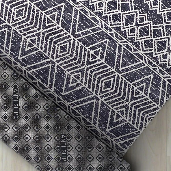 Marokan tarzı Salon Halısı otantik kilim desenli Koyu Gri Halı Kaymaz Taban Makinada Yıkanabilir - 3