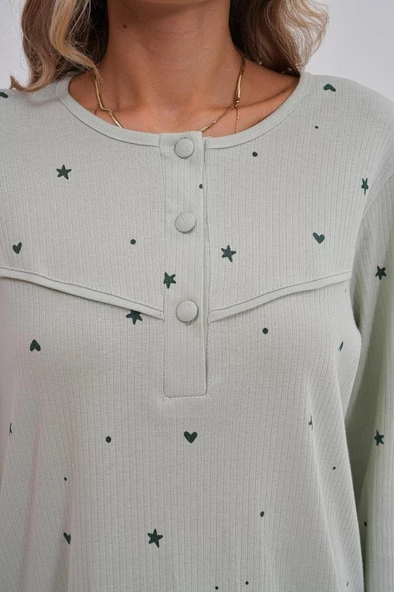 Mecit 6150 Bayan Yeşil Yüzde Yüz Pamuk Büyük Beden Pijama Takımı - Resim 4