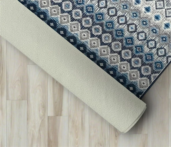 Modern İskandinav Kilim desenli Salon Mutfak Oda Halısı Mavi Gri Halı Kaymaz Yıkanabilir - 2