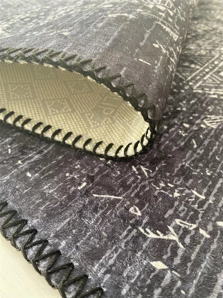 Modern Klasik Geometrik desenli Siyah Gri Halı Kaymaz Taban Makinada Yıkanabilir - 3