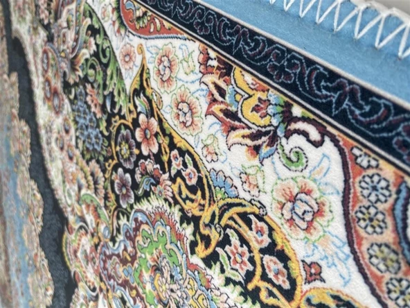 Bambu Halı Salon Halısı Post Pelüş Halı Klasik desenli Siyah Mavi Halı - 4
