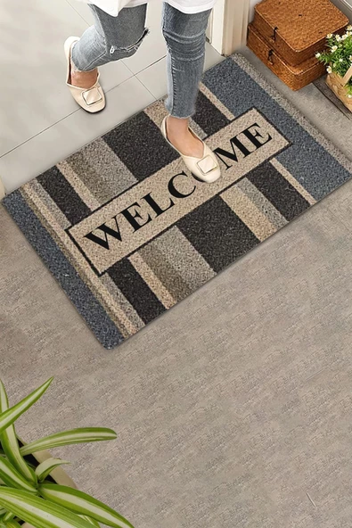 Valerine Life Mavi Çizgi Desenli Welcome Hoş Geldiniz Kapı Önü Paspası 45x70cm ürün görseli