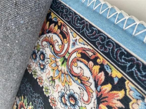 Bambu Halı Salon Halısı Post Pelüş Halı Klasik desenli Siyah Mavi Halı - 3