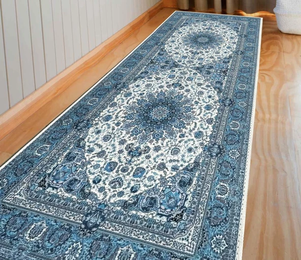 Bambu Halı Salon Halısı Post Pelüş Halı Klasik desenli Mavi Halı - 3