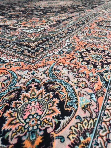 Bambu Halı Salon Halısı Post Pelüş Halı Klasik desenli Siyah Turuncu Halı - 5