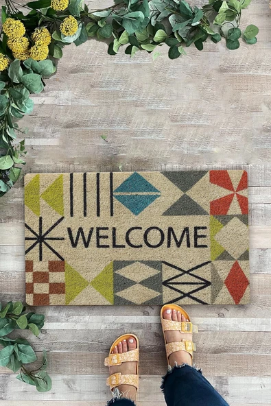 Valerine Life Rustik Geometrik Üçgen Çizgi Desenli Welcome Hoş Geldiniz Kapı Önü Paspası 45x70cm ürün görseli