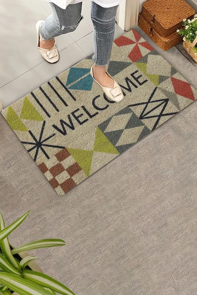 Valerine Life Rustik Geometrik Üçgen Çizgi Desenli Welcome Hoş Geldiniz Kapı Önü Paspası 45x70cm - Resim 2