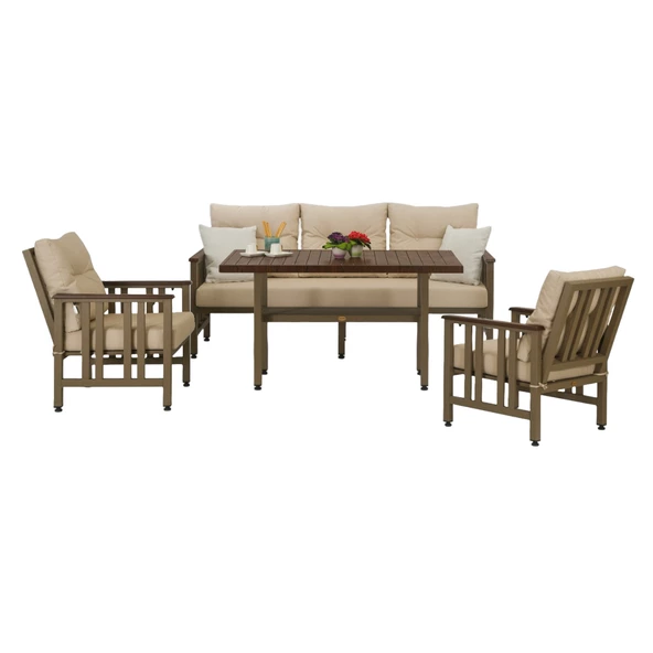 Çamlıca Alüminyum Bahçe Koltuğu -Ahşap Desenli Üçlü Koltuk, Minderli - 4