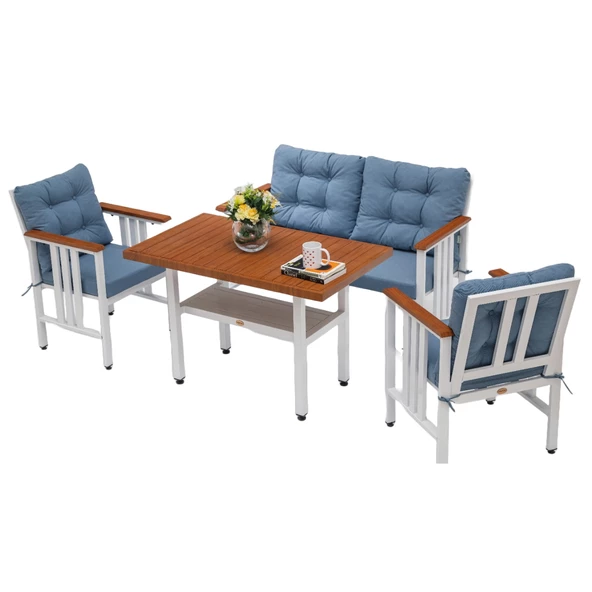 Çamlıca Alüminyum Bahçe Kanepesi - Ahşap Desenli Üçlü Kanepe, Minderli - 2