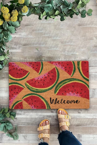 Valerine Life Karpuz Dilimi Desenli Kırmızı Welcome Hoş Geldiniz Kapı Önü Paspası 45x70cm - Resim 2