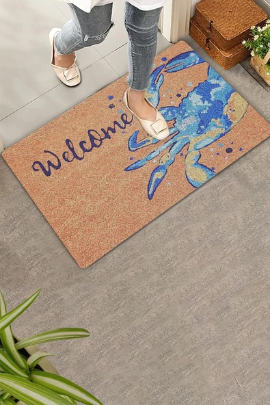 Valerine Life Mavi Yengeç Desenli Welcome Hoş Geldiniz Kapı Önü Paspası 45x70cm - Resim 2