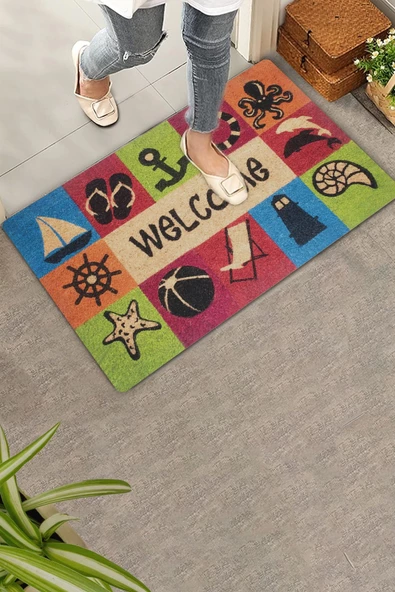 Valerine Life Deniz Yıldızı Feneri ve Tatil Temalı Welcome Hoş Geldiniz Kapı Önü Paspası 45x70cm ürün görseli