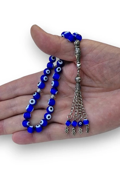 8 mm. Cam Nazar Boncuğu Tesbih - Mavi 109-1 - 2