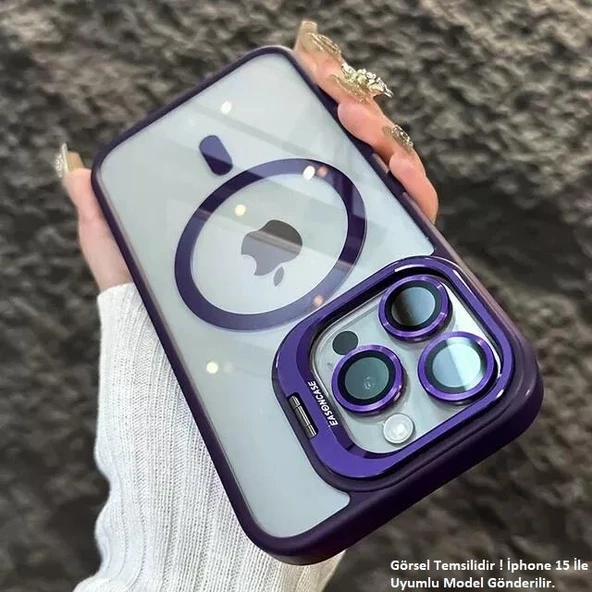 iPhone 12 Uyumlu Kılıf Klon Stantlı + Lens Korumalı MagSafe Kapak - Resim 8