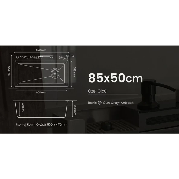 GL General GLPR 8550GUN Maxi Antrasit Akıllı Şelale Eviye 85x50 - 5