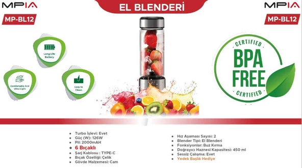 PrimeX MPIA MP-BL12 126W 2000mAH Şarjlı Cam Blender, Sporcu Taşınabilir Şarjlı Blender, Buz Kırma ve Meyve Parçalayıcı Çelik Bıçak Blender, (Taşıma Kapağı Dahil) - 2