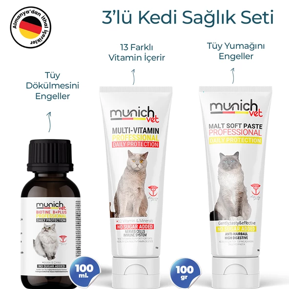 Munich Vet 3'lü Kedi Seti Tüy Sağlığı Damlası (100 ML) Malt Pasta (100 GRM) Multi vitamin Pasta (100 GRM)