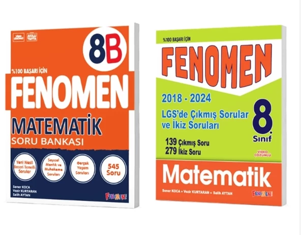 FENOMEN YAYINLARI 8. SINIF Matematik B Soru Bankası + LGS Matematik Çıkmış Sorular Ve İkiz Soruları (2018-2024) (2 KİTAP