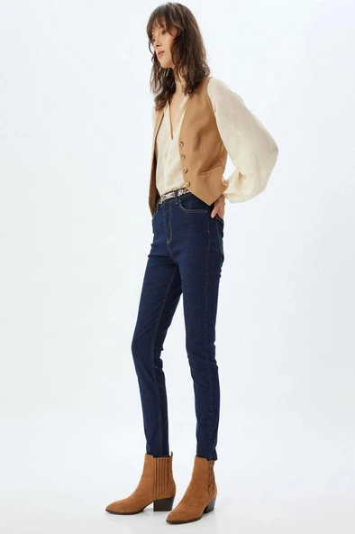 Koton Yüksek Bel Kot Pantolon Düğmeli Dar Kalıp - Skinny Push Up Fit Jean - 2