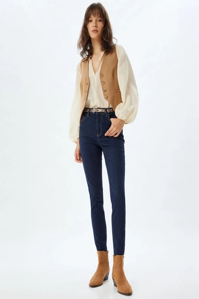 Koton Yüksek Bel Kot Pantolon Düğmeli Dar Kalıp - Skinny Push Up Fit Jean