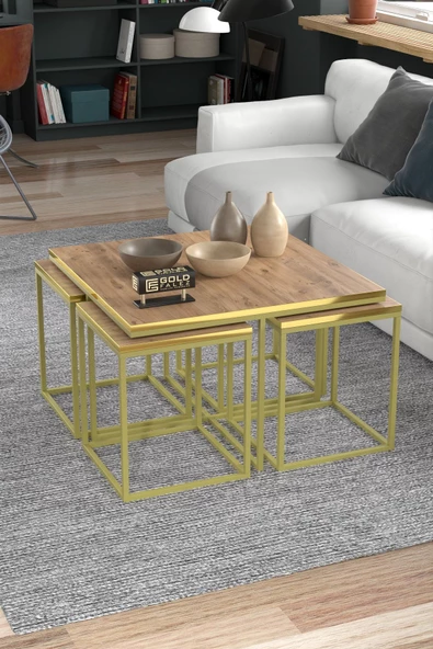 Orta Sehpa Ve Zigon Sehpa 5'li Lüx Set Altın Ceviz - 4