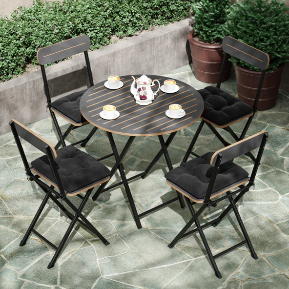 Eportatif 4 Kişilik Minderli Yuvarlak Bistro Takım Bahçe Mutfak Masa Sandalye Füme 1505 - 2