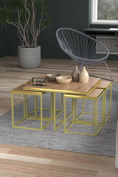 Orta Sehpa Ve Zigon Sehpa 5'li Lüx Set Altın Ceviz - 5