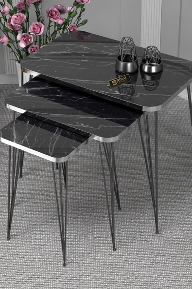 Zigon Sehpa Kr Ve Orta Sehpa Kr Set Gümüş Bendir Tel Ayak Siyah - Resim 3