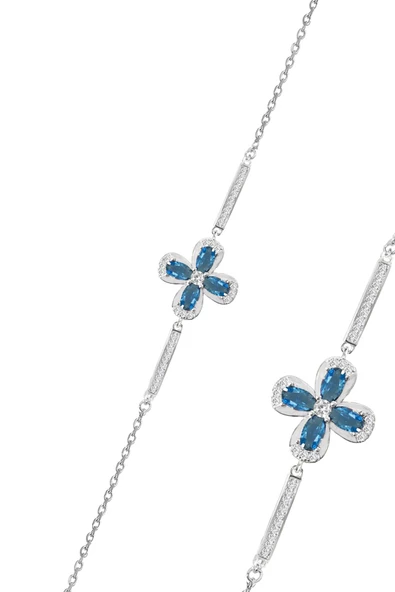 Gümüş rodyumlu akuamarin ve zirkon taşlı şansın gücü yonca bileklik SGTL12642MAVI ürün görseli