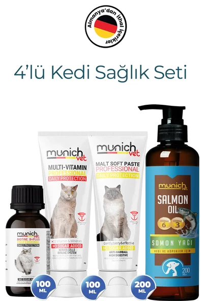 Munich Vet Kediler için 4'lü Set Biotine Plus & Balık Yağı & Malt Paste & Multi Vitamin